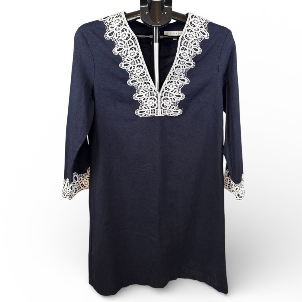 Preston & York Navy Blue Linen Blend Lace Trim V-Neck Shift Dress Size 6